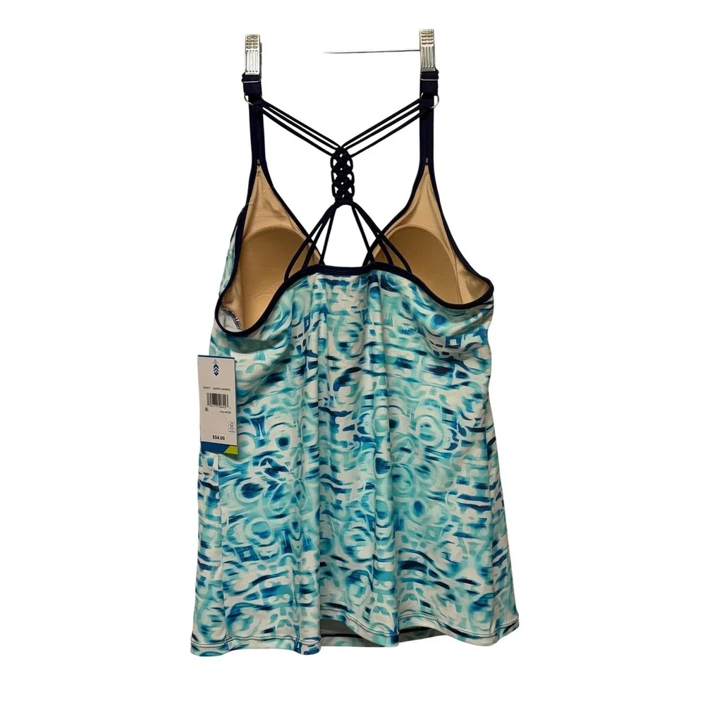 Free Country Aquatopia Tankini Top Aqua Mirage Blue White Strappy‎ Back XXL New